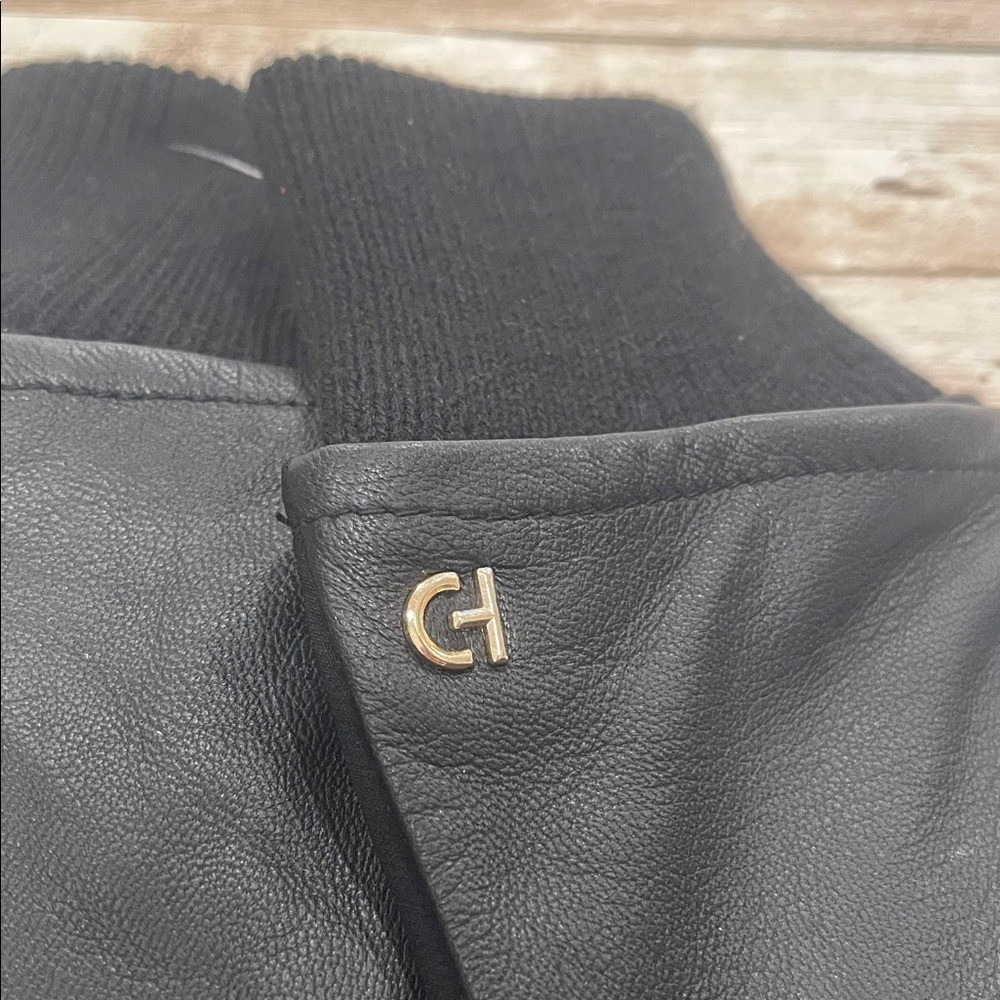 Cole Haan Womens Black Leather Stretch Palm Tech Gloves Rib Knit Cuff Large L - Picture 5 of 6